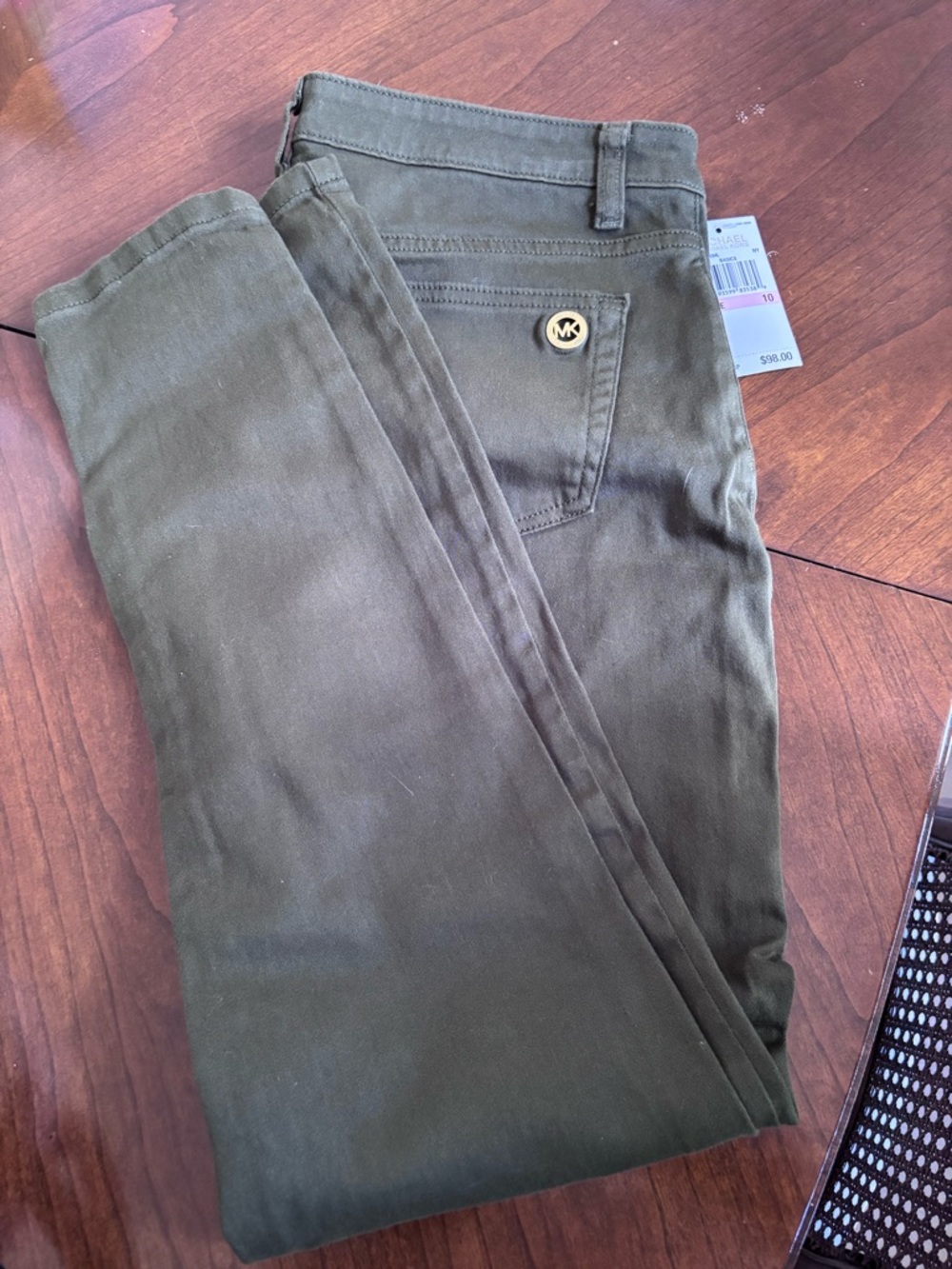 Michael Kors Olive Green Izzy Skinny Pants with Gold MK Accent